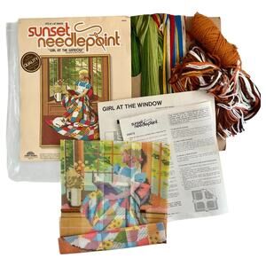 Started Sunset Designs Needlepoint Girl at the Window 6695 Vintage 1979 Cat Book